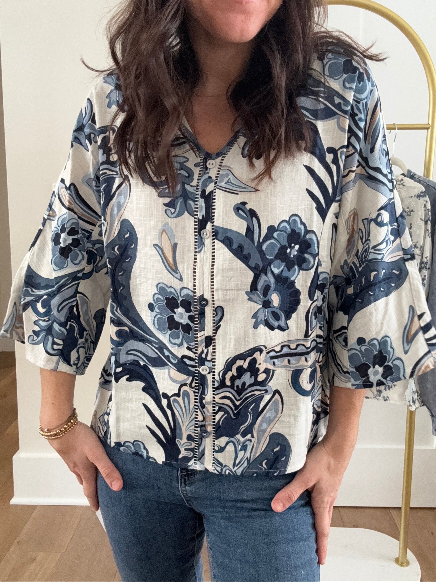 Printed Dolman Sleeve Blouse With Front Button