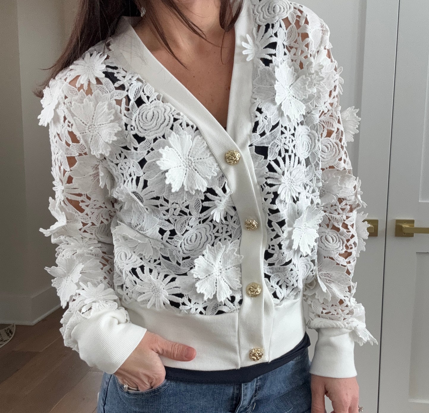 White Floral Lace Up Cardigan