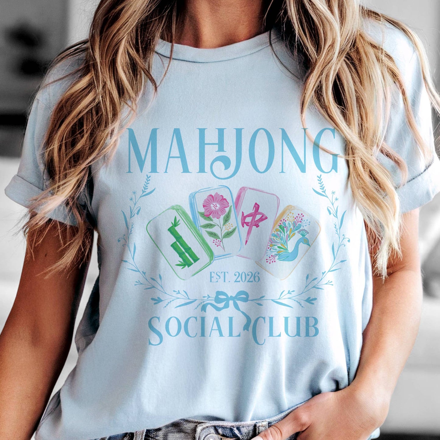 Mahjong Game Social Club Blue Preppy Girls Night Graphic Tee