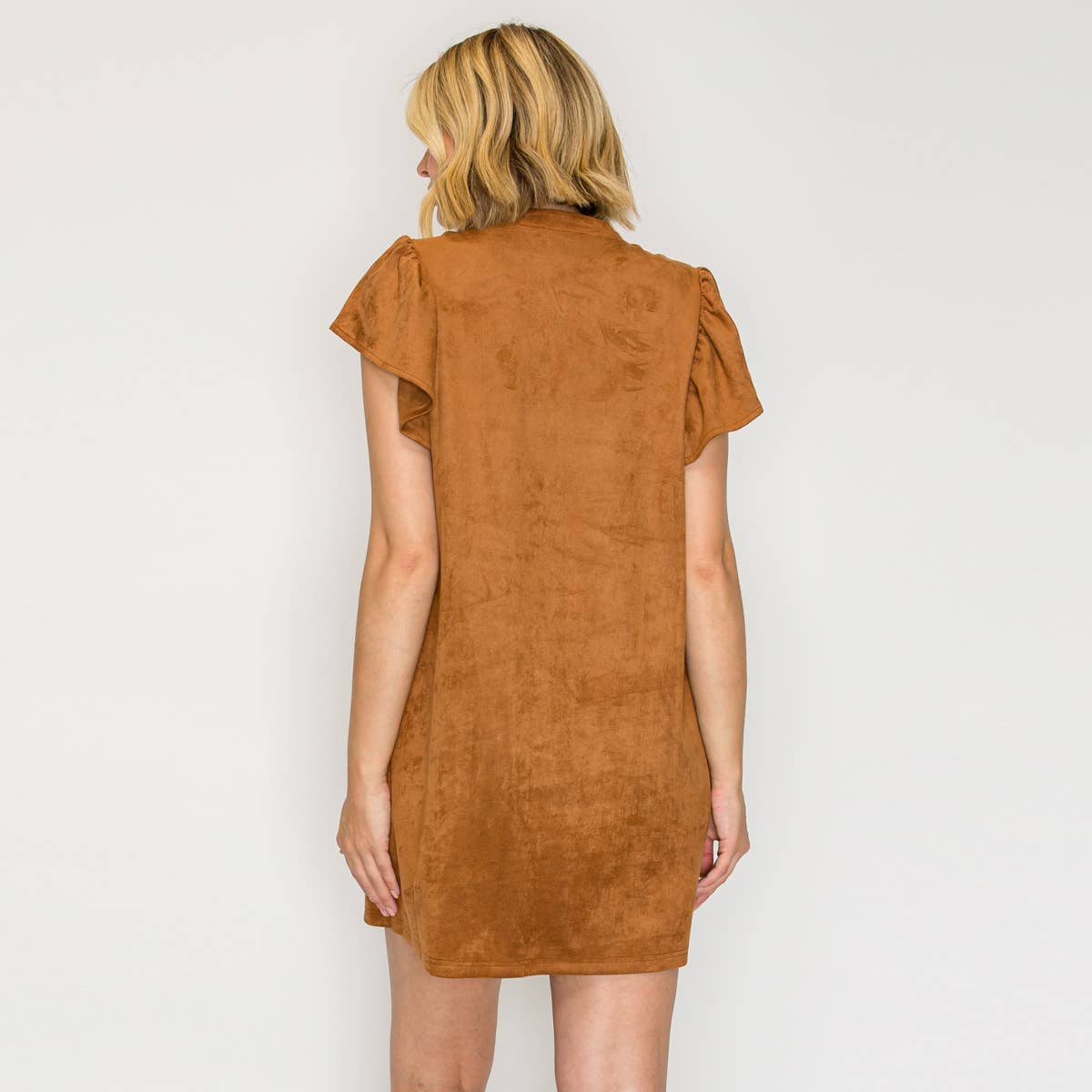 Suede Flutter Sleeve Shift Mini Dress