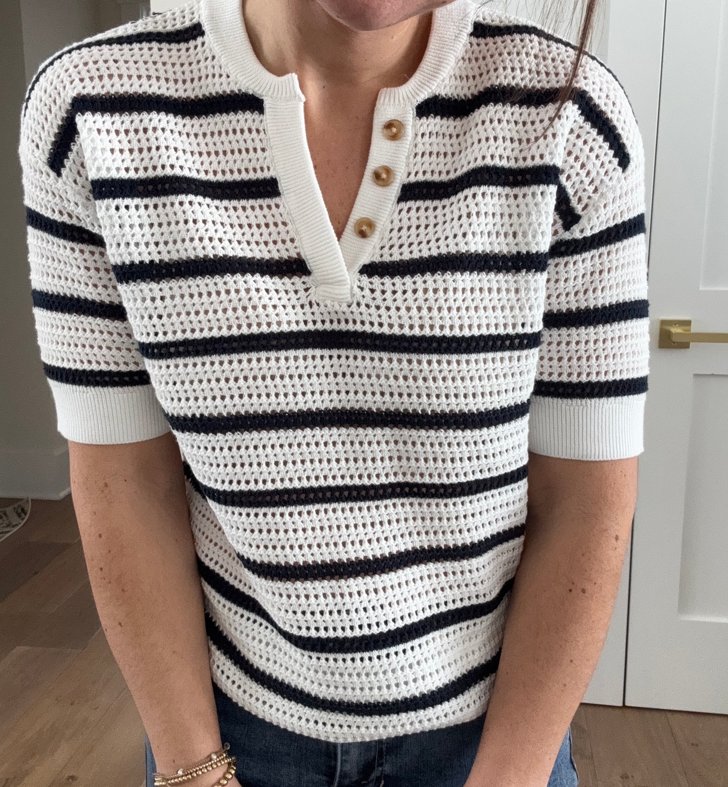 Striped Elbow Sleeve All Over Chrochet Sweater