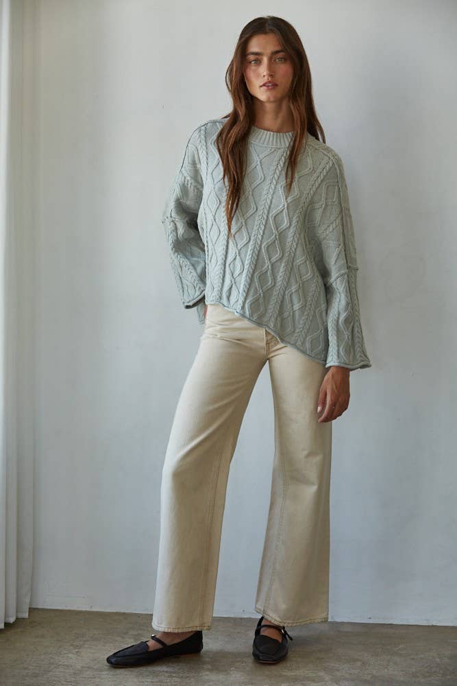 Knit Cable Sweater Cotton 3/4 Sleeve Pullover
