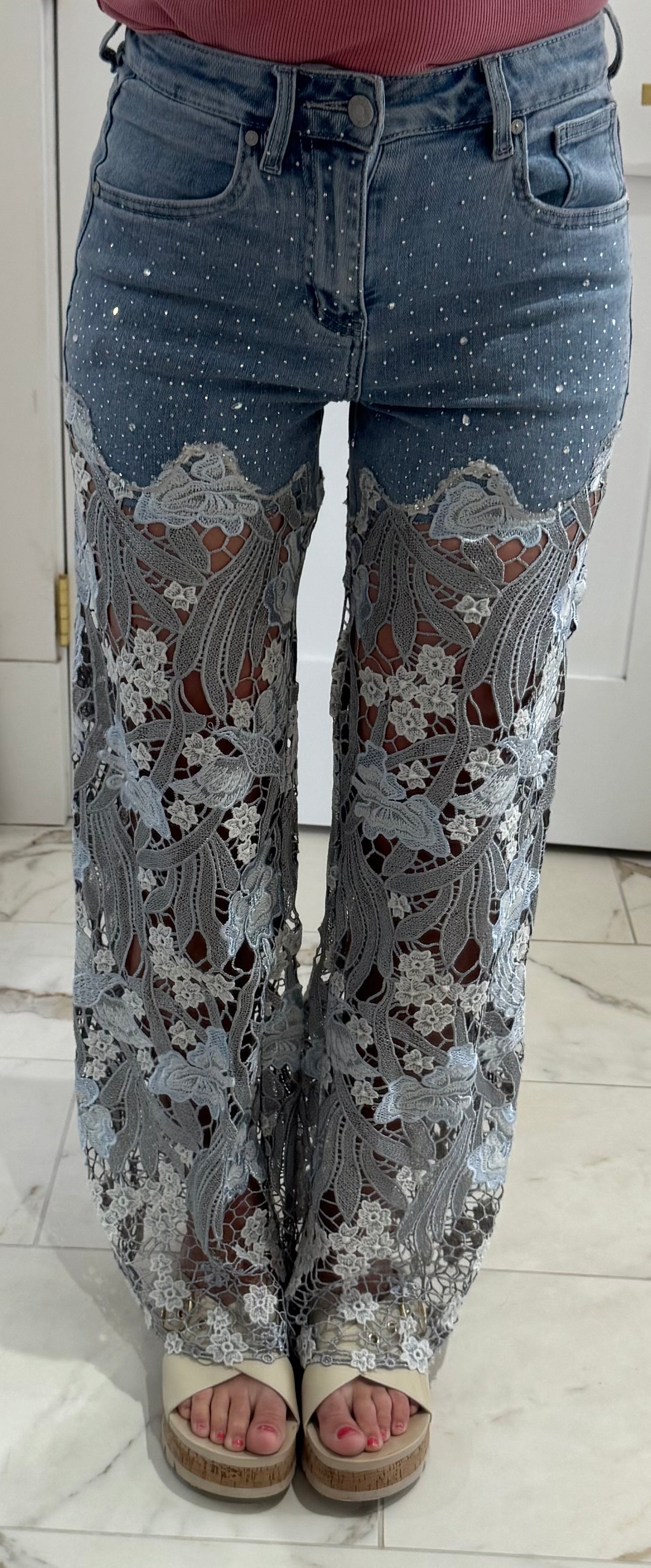 High Rise Lace Wide Leg-Blue
