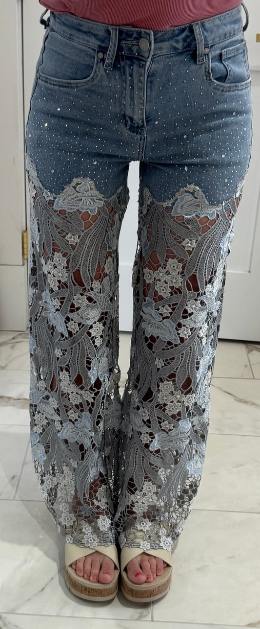 High Rise Lace Wide Leg-Blue