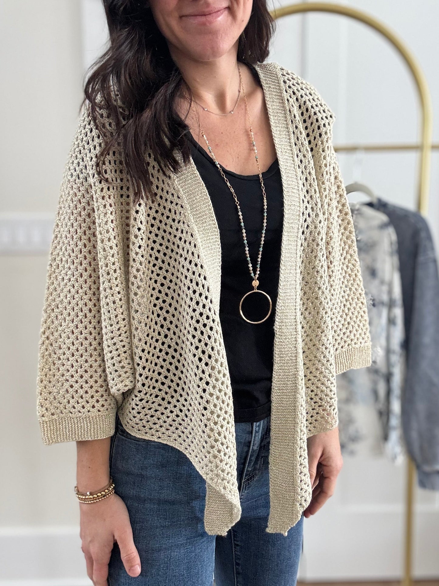 Dolman Elbow Sleeve Tie Front Crochet Lurex Sweater Shrug