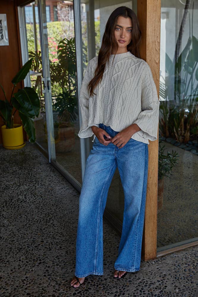 Knit Cable Sweater Cotton 3/4 Sleeve Pullover