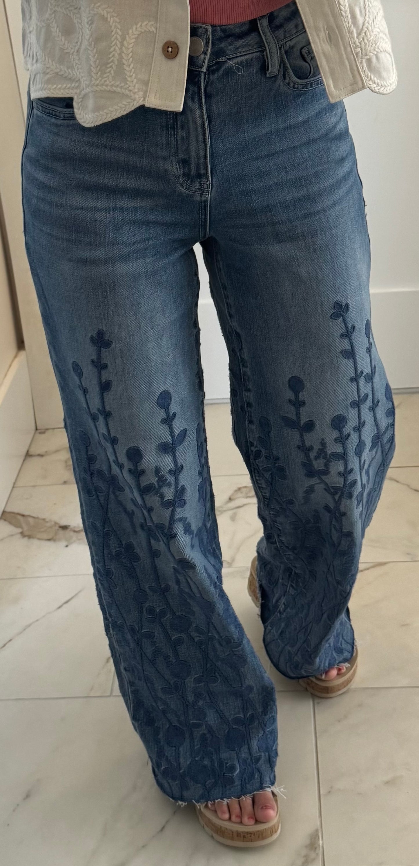 Medium Blue High Rise Leg-Embroidered