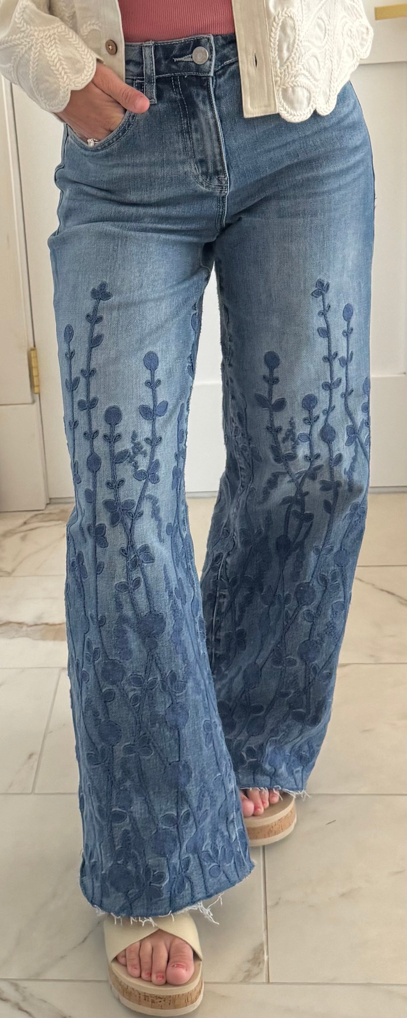 Medium Blue High Rise Leg-Embroidered