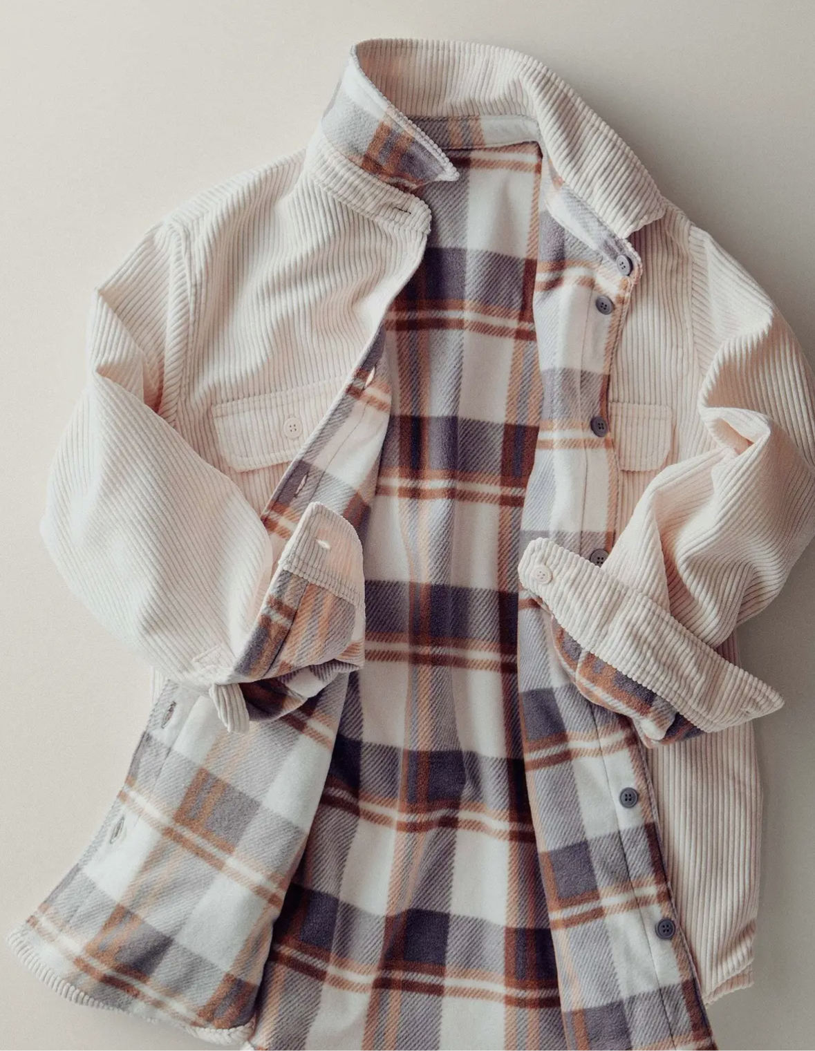 Plaid Lined Corduroy Flannel Shacket-Cream