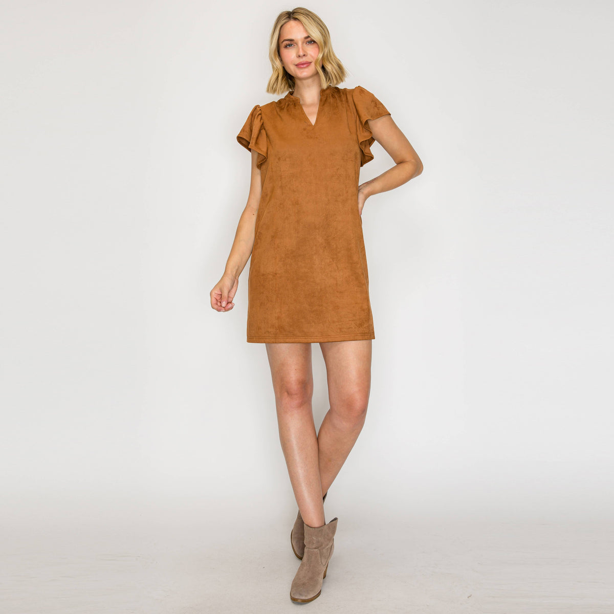 Suede Flutter Sleeve Shift Mini Dress 