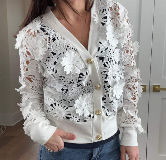 White Floral Lace Up Cardigan