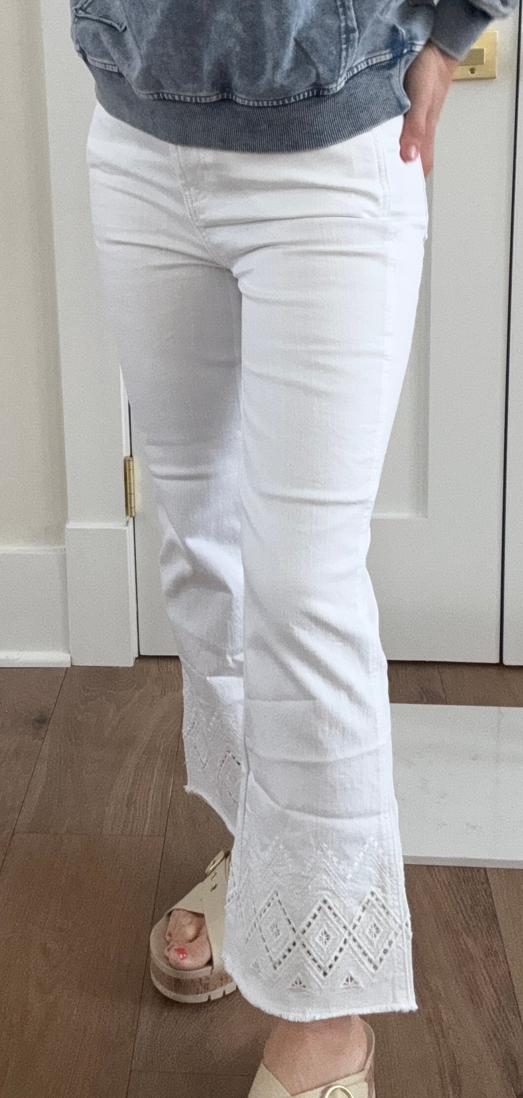 Ring Spun Denim Flare Leg Pant- Zigzag Embroidery At Hem