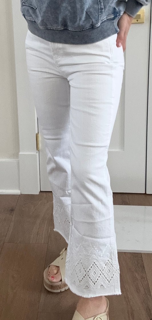 Ring Spun Denim Flare Leg Pant- Zigzag Embroidery At Hem