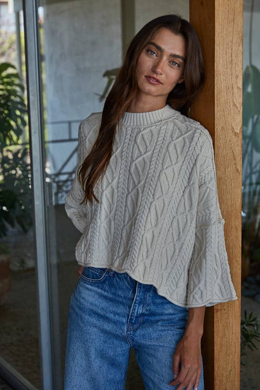 Knit Cable Sweater Cotton 3/4 Sleeve Pullover