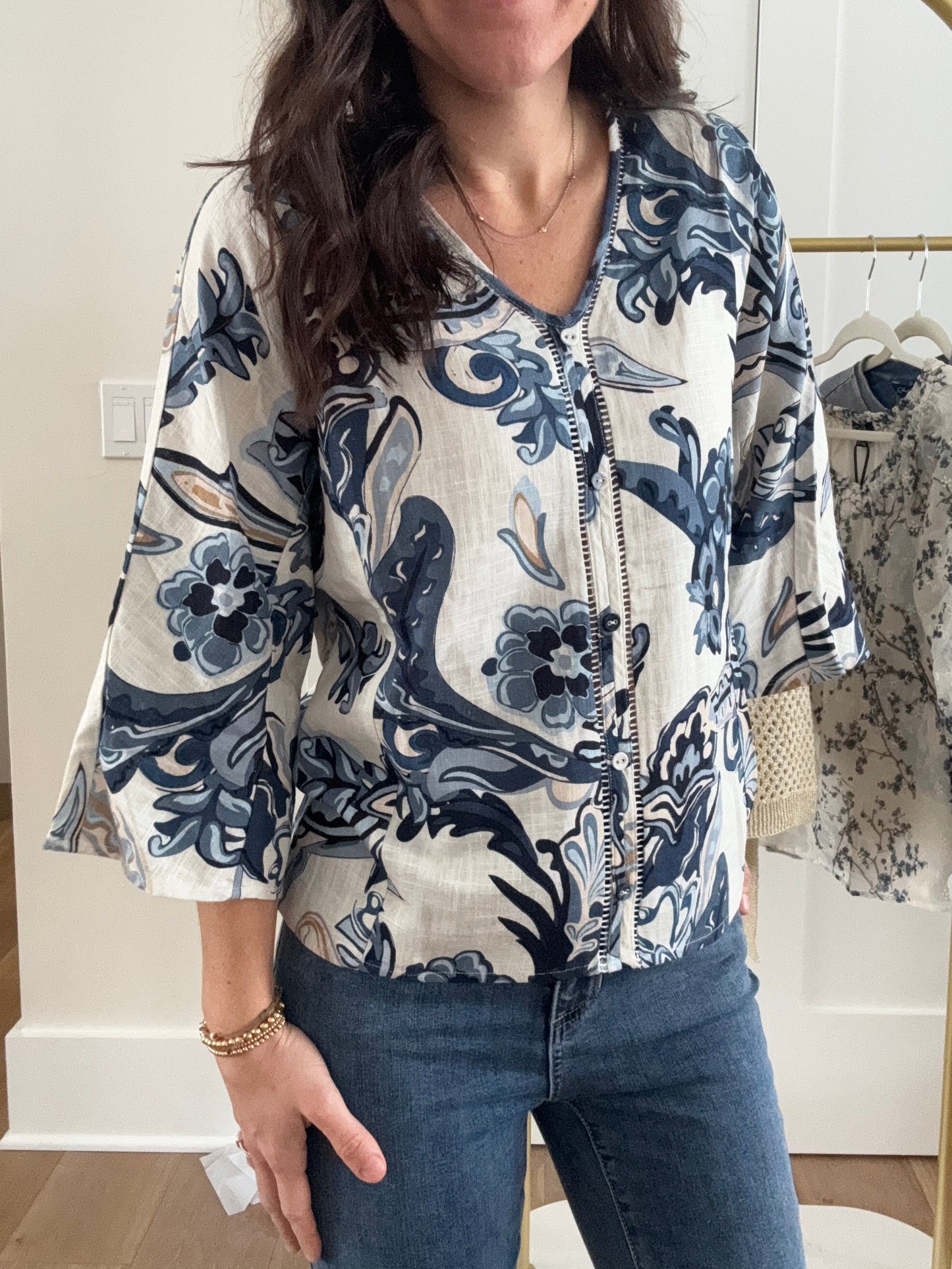 Printed Dolman Sleeve Blouse With Front Button