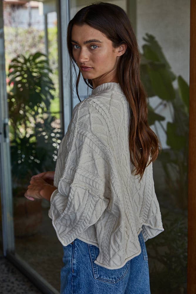 Knit Cable Sweater Cotton 3/4 Sleeve Pullover