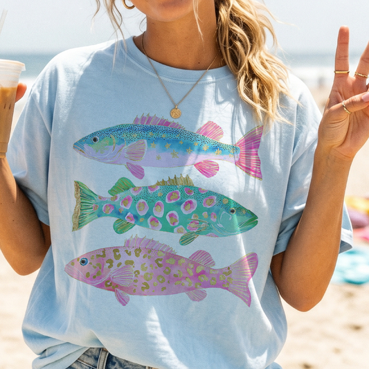 Coastal Preppy Fish Pink Blue Beach Ocean Club Graphic Tee