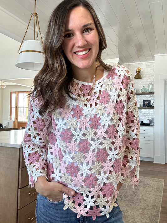 3/4 Sleeve Crochet Flower Blouse