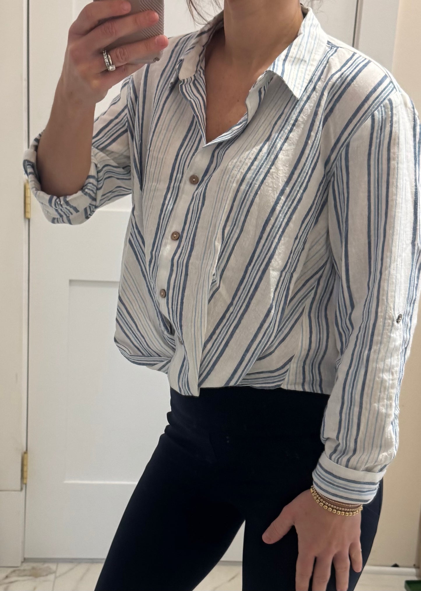 Yarn Dye Stripe Twist Front Shirt With Roll up Long Sleeve