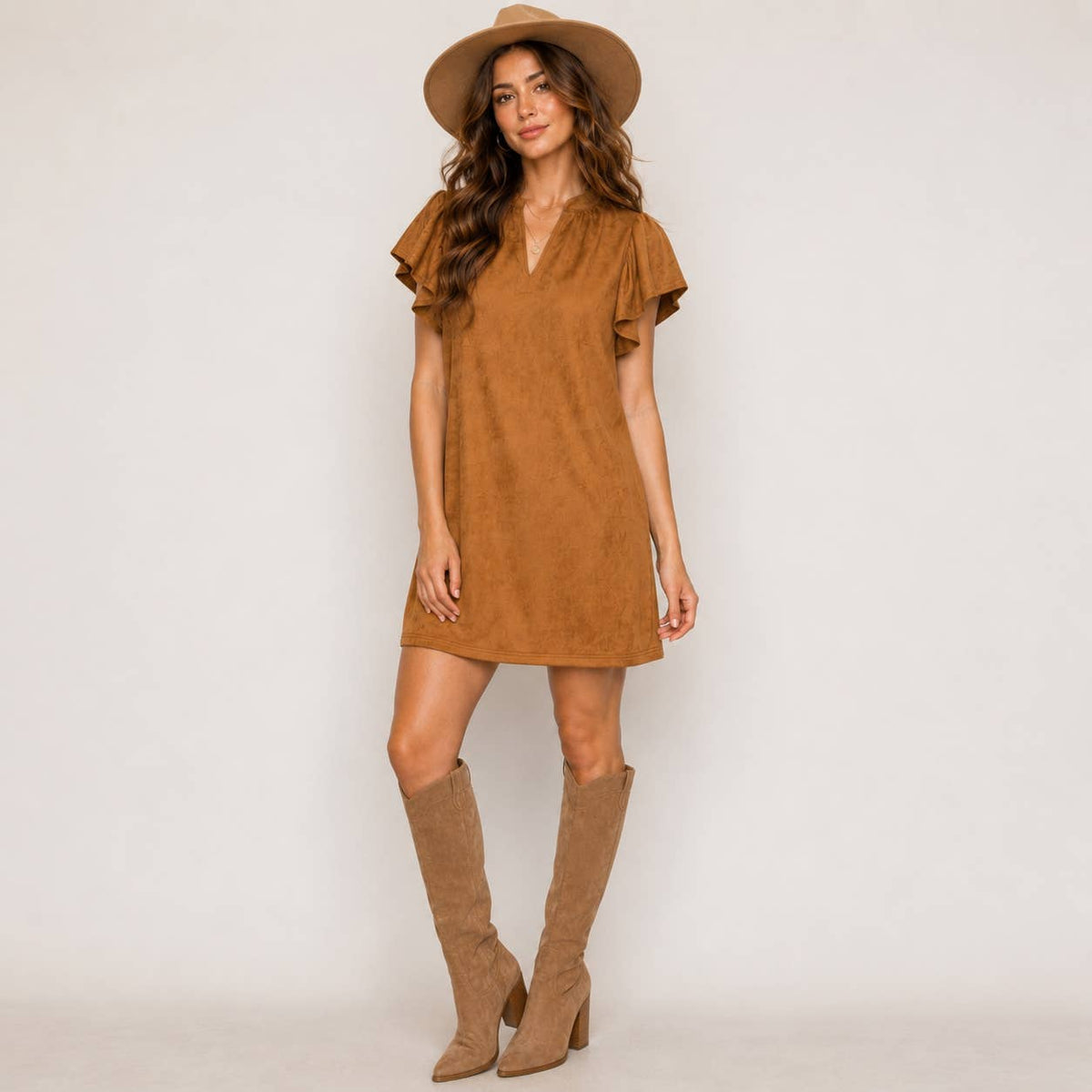 Suede Flutter Sleeve Shift Mini Dress 