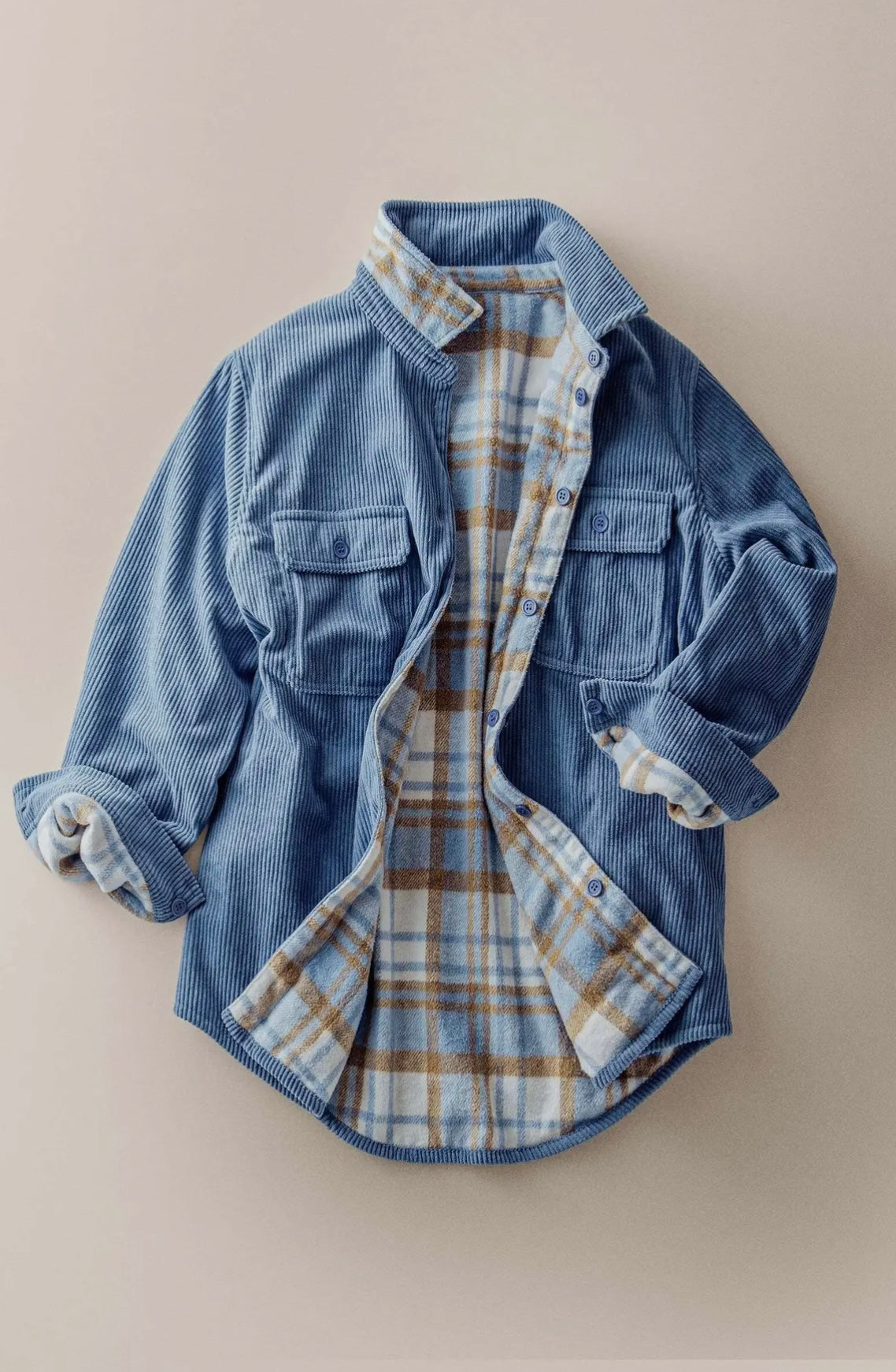 Plaid Lined Corduroy Flannel Shacket-Blue
