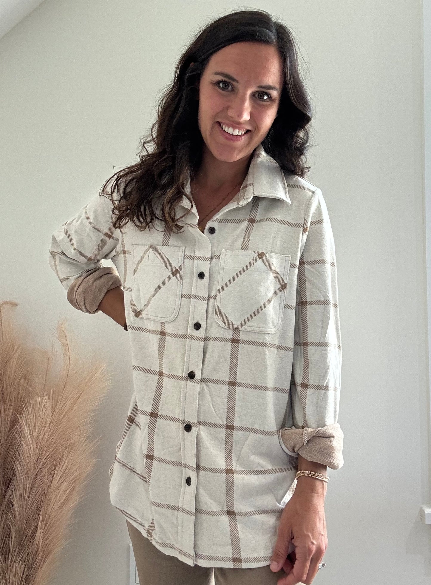 Beige & Brown Plaid Button Up