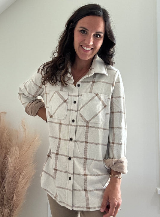 Beige & Brown Plaid Button Up