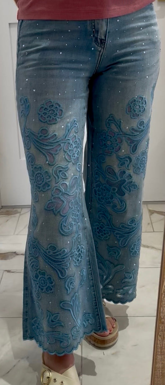 High Rise Wide Leg- sparkles and embroidery