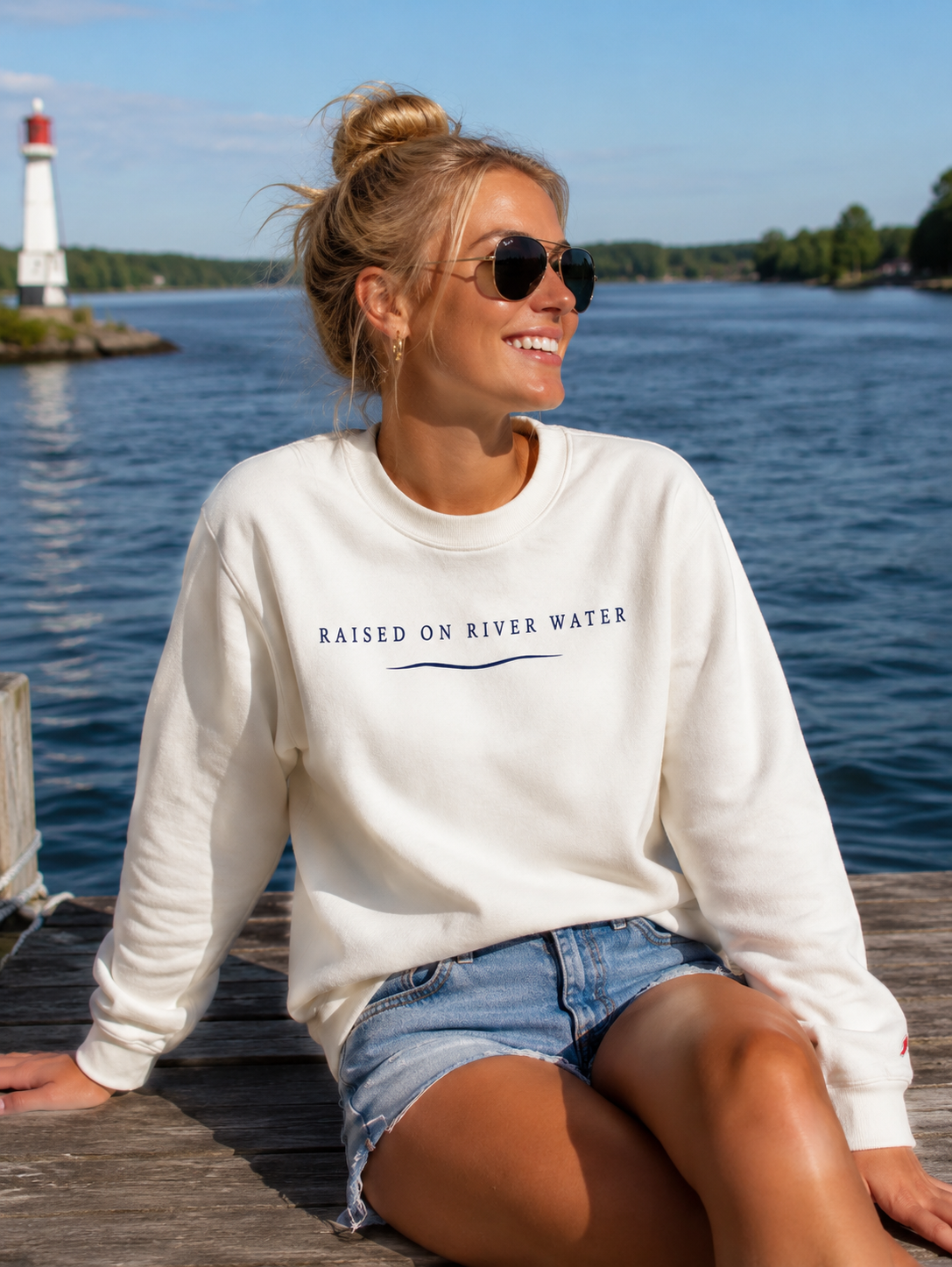White sweatshirt- Raised on River Water