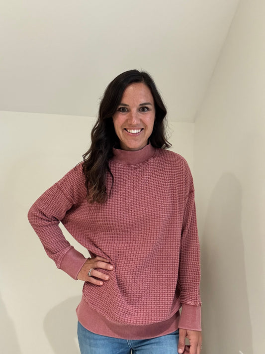 Chunky Waffle Mineral Wash Mock Neck Sweater