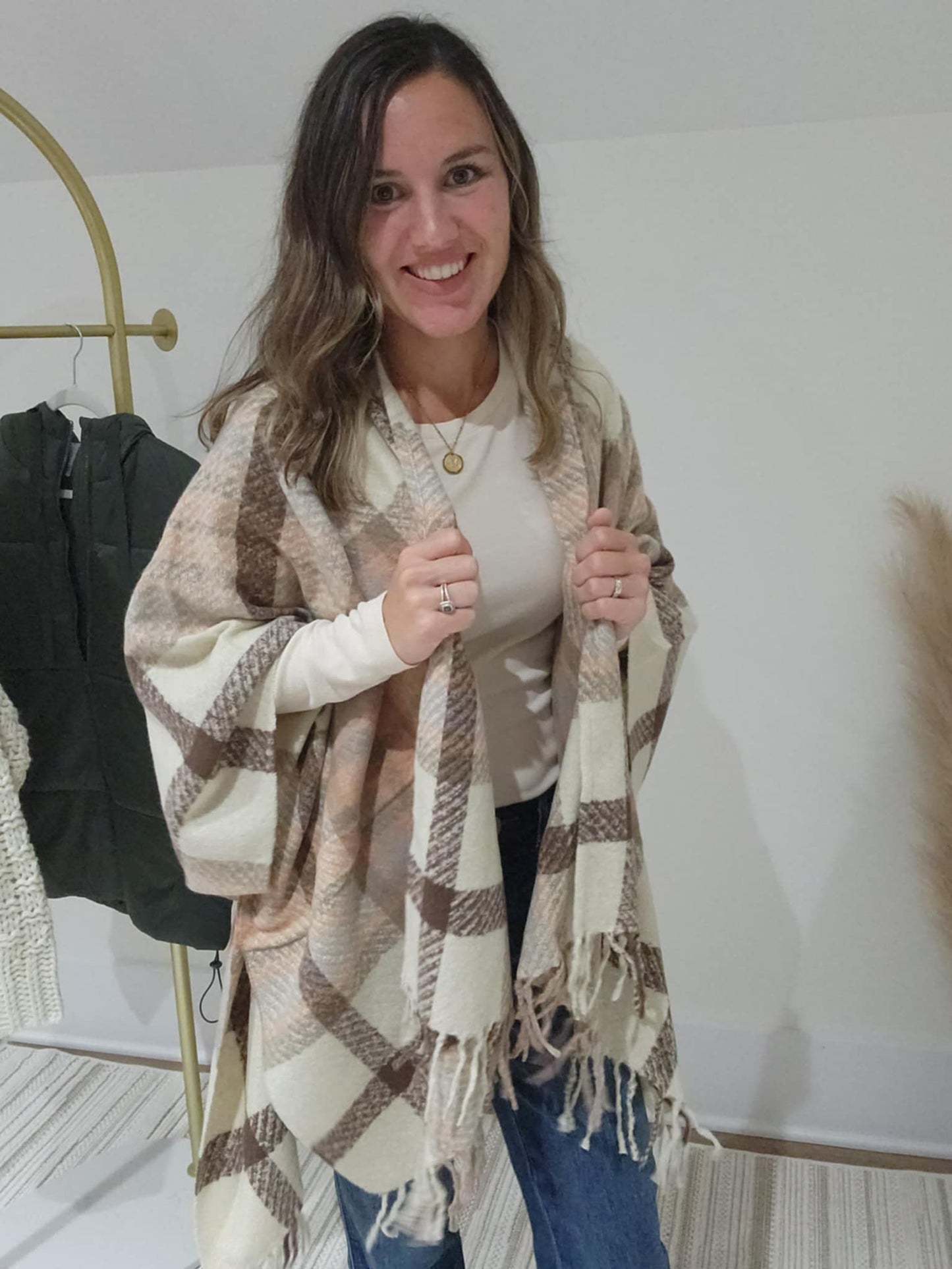 Plaid Wrap- Natural/Dusty Salmon