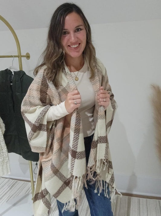 Plaid Wrap- Natural/Dusty Salmon