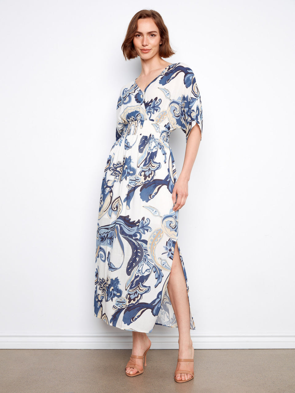 Printed Dolman Short Sleeve Maxi Fake Wrap Dress