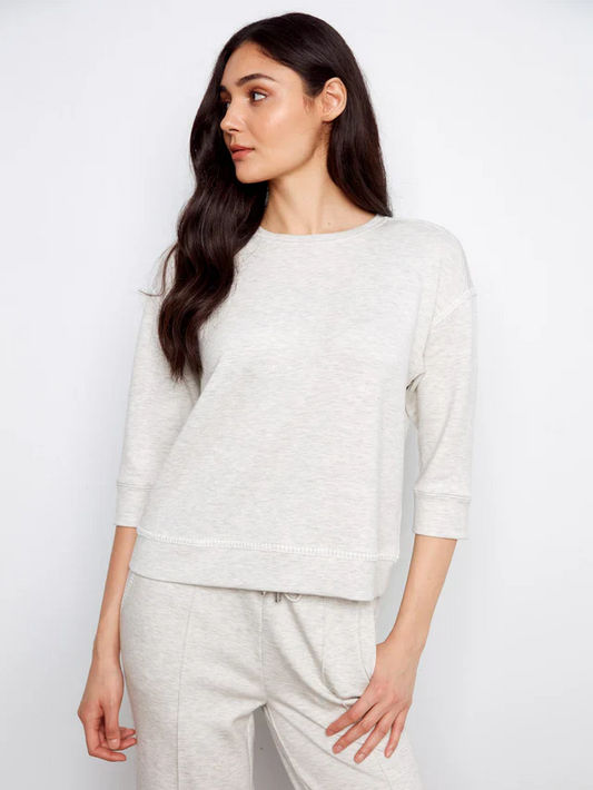 Soft Scuba 3/4 Sleeve Top With Blanket Stitch
