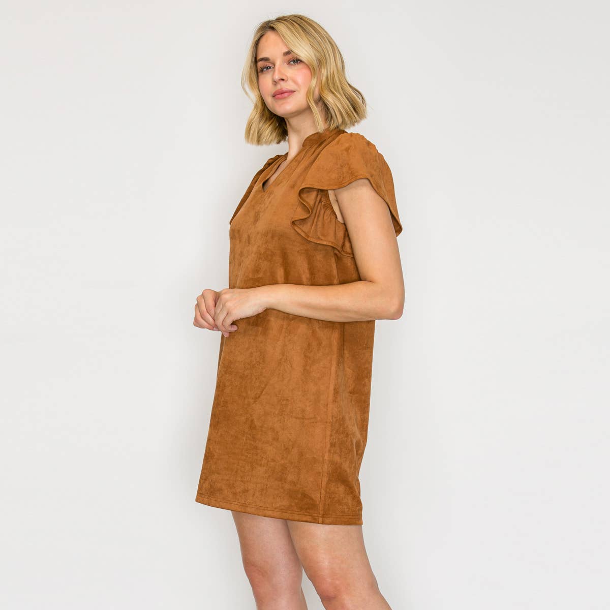 Suede Flutter Sleeve Shift Mini Dress 