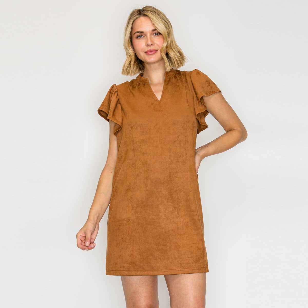 Suede Flutter Sleeve Shift Mini Dress 