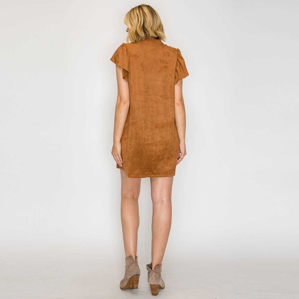 Suede Flutter Sleeve Shift Mini Dress 